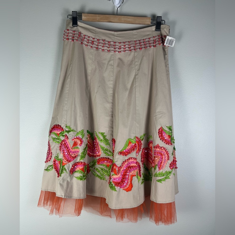 BASIL & MAUDE Midi Skirt Embroidered Bead Sequin Beige Cotton Boho Sz 4 NWT
